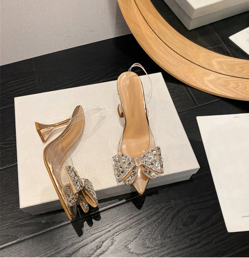 Slingback Crystal Bowknot Pumps for Women - Elegant Pointed Toe Heels for Weddings and Prom